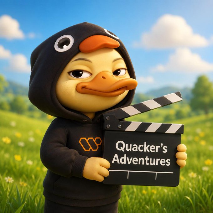 The image features a cartoon duck dressed in a hoodie holding a black movie clapperboard with "Quacker's Adventures" written on it. The duck appears to be standing in a field, possibly a park or an open space where there are trees visible in the background.