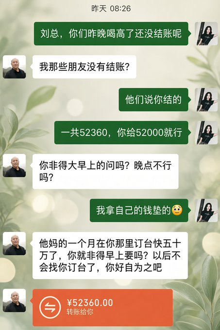 A Chinese WeChat conversation shows a woman requesting payment of ¥52,360 (offering a discount to ¥52,000) for a previous night's drinks, to which a man angrily responds before transferring the full ¥52,360. Her confusion in the caption is understandable—she acted politely by giving a discount and patiently fronting her own money, yet he still reacted with hostility and cursed at her, making her wonder where she went wrong.