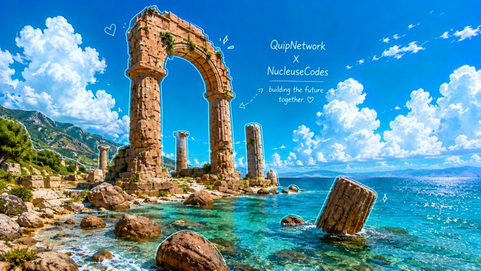 A scenic coastal view featuring ancient stone arches and pillars in turquoise water, with overlaid text reading 'QuipNetwork x NucleusCodes - building the future together.'