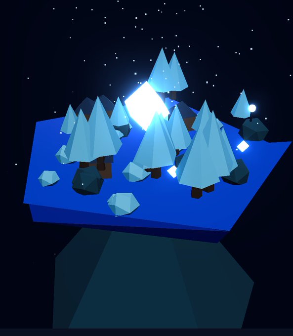 3D rendered low-poly art piece depicting a winter scene with stylized blue trees, geometric rocks, and a glowing moon/star on a floating base against a starry night sky.