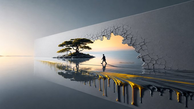 The image features a person walking through an archway that appears to be made out of paint or graffiti. The archway is located over water, giving the impression that the person is walking towards the ocean. The photo has been edited with yellow paint on the wall and water droplets falling from it, creating a unique visual effect. The caption provided seems unrelated to the image itself but might be there for stylistic purposes or to provide additional context about the post.