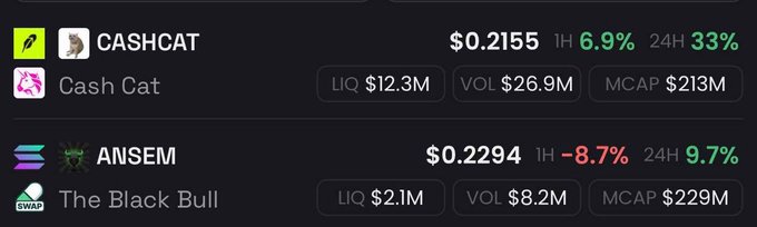 The image shows a cryptocurrency price comparison between CASHCAT ($0.2155) and ANSEM ($0.2294), highlighting their market caps ($213M vs $229M), liquidity, and trading volumes. This relates to "The great flipping" by depicting ANSEM surpassing CASHCAT in market cap despite CASHCAT having higher liquidity and trading volume.