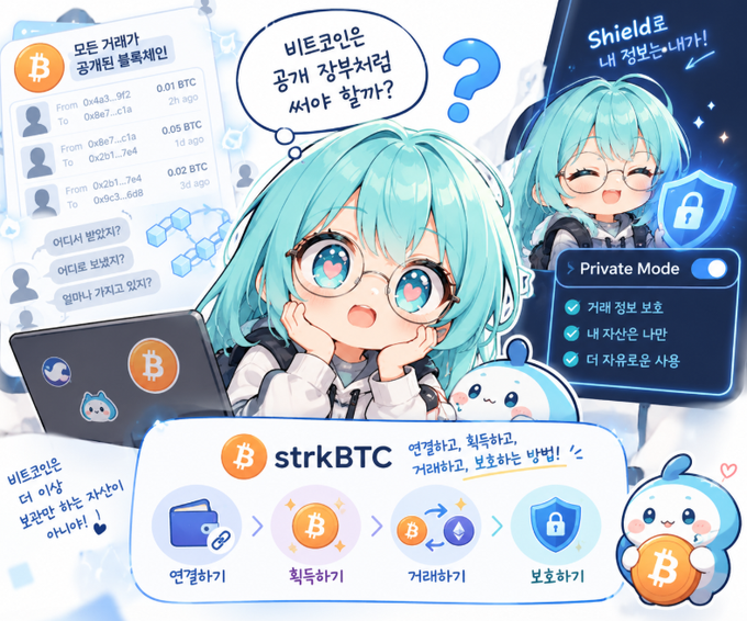An anime-style promotional graphic in Korean featuring a teal-haired character promoting 'strkBTC' with text about '비트코인은 공개 장부처럼' and 'Shield로 내 정보를 내놔!' highlighting Private Mode features.