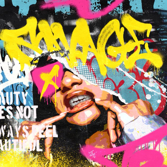 Vibrant street art featuring the word 'SAVAGE' in yellow graffiti over a torn-paper effect portrait, with partial text reading 'BEAUTY', 'IS NOT', 'ALWAYS FEEL', and 'BEAUTIFUL'.
