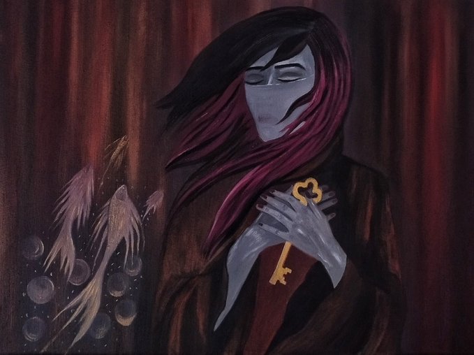 A dark, gothic painting depicts a pale figure with long dark hair and a red scarf, holding a golden key to their chest, accompanied by ethereal angel-like wings and bubbles against a deep red curtain background.