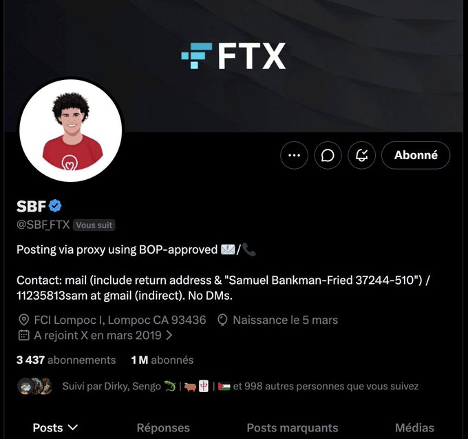 A Twitter profile page showing FTX founder Sam Bankman-Fried's account (@SBF_FTX) with a verified checkmark, 1M followers, and a bio indicating "Posting via proxy using BOP-approved," referencing his incarceration at FCI Lompoc I, California—directly connecting to the post mocking him for lurking on social media from prison.