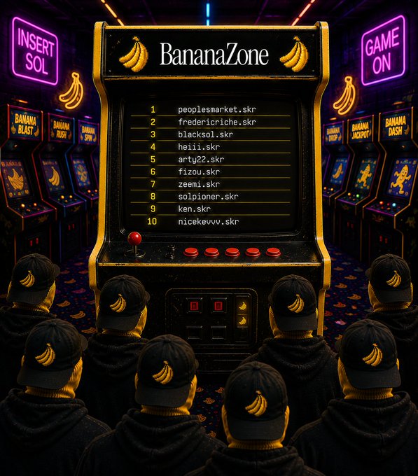 A retro arcade-style 'BananaZone' leaderboard displaying a top 10 ranking with usernames ending in '.skr' such as 'peoplesmarket.skr' and 'fredericriche.skr', with figures in banana-logo caps viewing the screen amid 'INSERT SOL' and 'GAME ON' neon signs.
