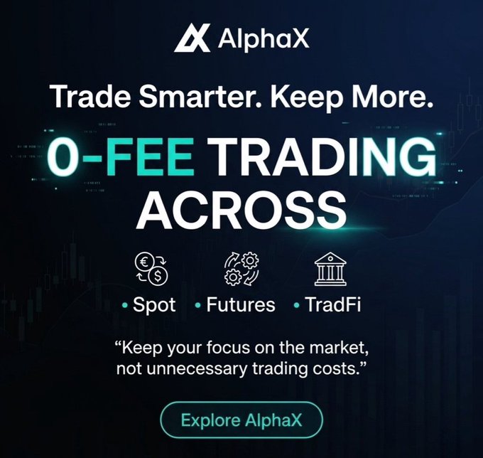 An advertisement for AlphaX trading platform with the text 'Trade Smarter. Keep More. 0-FEE TRADING ACROSS Spot, Futures, TradFi' and an 'Explore AlphaX' button.