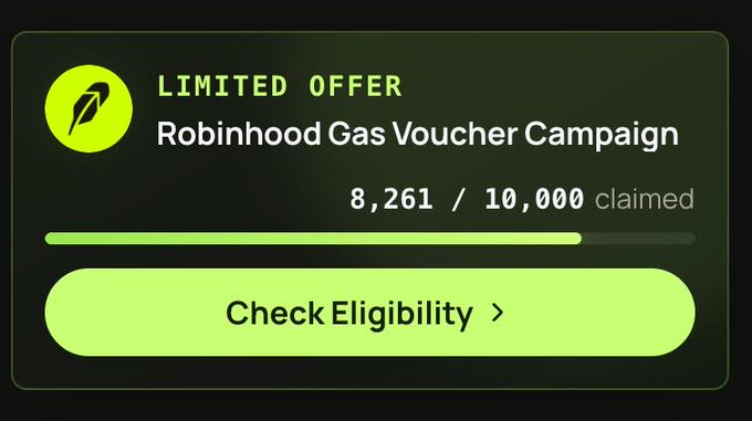 A digital banner for a 'LIMITED OFFER Robinhood Gas Voucher Campaign' shows that 8,261 of 10,000 have been claimed, with a green 'Check Eligibility >' button.