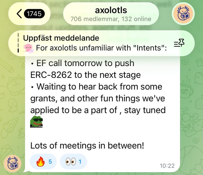 Telegram pinned message in 'axolotls' group (706 medlemmar, 132 online) discussing an EF call to push ERC-8262 to the next stage, with timestamps and 5 fire reactions.