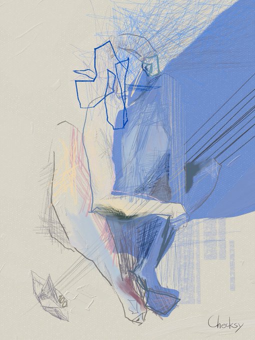 A sketch on canvas depicts a seated figure using loose blue and black pencil or crayon strokes, signed "Chekry" in the bottom right corner.