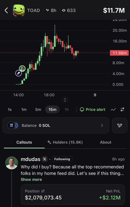 The image shows a trading chart for the $TOAD token, displaying its price spike from near $0 to a peak of $11.7M, with a callout from user "mdudas" explaining his $2.079M position yielded a +$2.12M net profit. This visually supports the post's claim that mdudas turned a small $200 investment into over $2 million in profit on the $TOAD token.