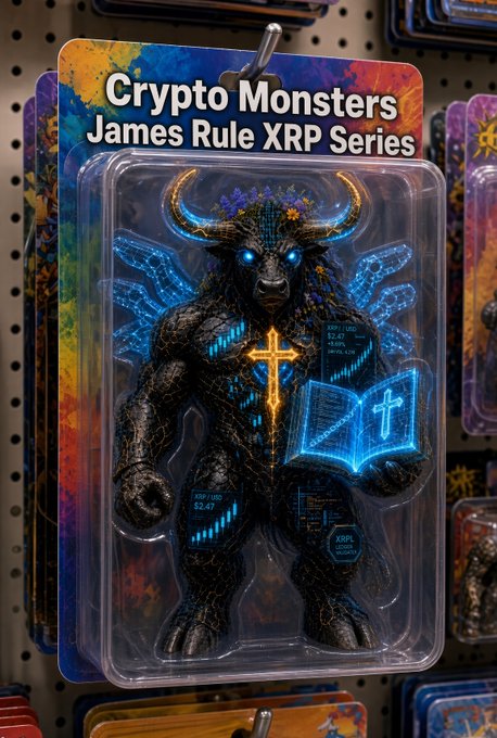 A packaged collectible figure titled "Crypto Monsters - James Rule XRP Series" features a muscular, bull-like creature with glowing blue digital patterns and an open holy book with a cross, priced at $2.47.
