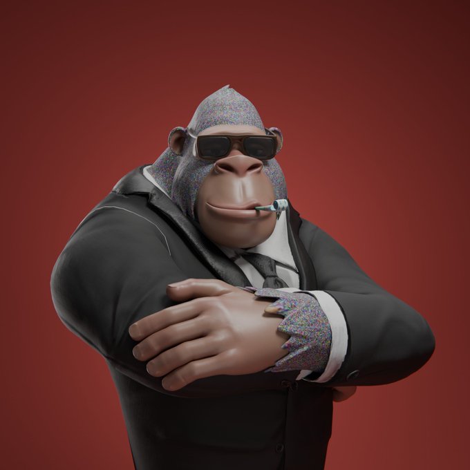 A 3D-rendered gorilla wearing a black suit, white shirt, tie, sunglasses, and a glitch-patterned balaclava stands with crossed arms against a deep red background.