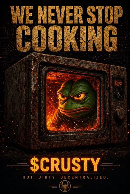 The image shows a dark, fiery graphic featuring the "Crusty" meme—a green frog-like character inside a burnt microwave with flames—alongside the bold tagline "WE NEVER STOP COOKING" and the ticker "$CRUSTY" with the slogan "HOT. DIRTY. DECENTRALIZED." The design visually reinforces the post's message by using the "cooking" metaphor to highlight the token's growing momentum and heated community activity on Solana.