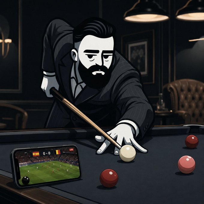 A stylized illustration of a bearded man in a pinstripe suit playing pool while watching a Spain vs Belgium soccer match (0-0) on a smartphone, with a 'LIVE' indicator visible.