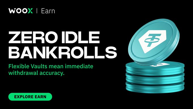 A promotional banner for WOO X Earn featuring the headline "ZERO IDLE BANKROLLS" alongside teal USDT coin graphics, promoting Flexible Vaults that allow immediate withdrawals and uninterrupted interest earnings, with an "EXPLORE EARN" call-to-action button.