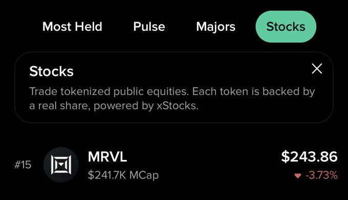 A trading interface shows MRVL (Marvell Technology) listed as a tokenized stock on the Stocks tab, priced at $243.86 with a -3.73% decline, #15 by market cap at $241.7K. The image illustrates the Moby platform's new feature for trading tokenized public equities 24/7 on Solana, backed by real shares via xStocks.