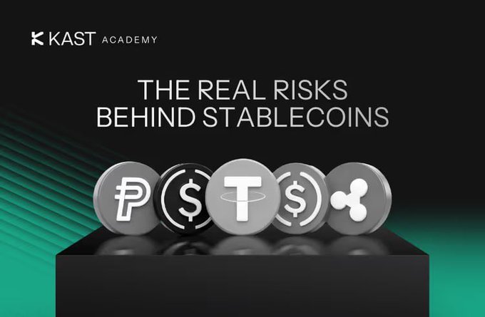 A promotional graphic from KAST Academy titled 'THE REAL RISKS BEHIND STABLECOINS', showing tokens representing PYUSD, USDC, USDT, DAI, and XRP in a black case.