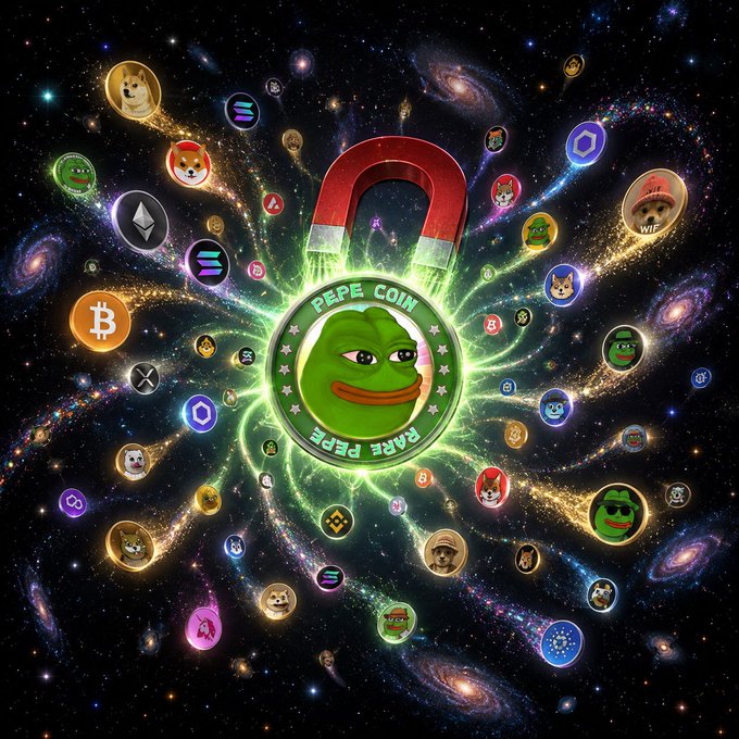 A vibrant digital artwork featuring a central 'PEPE COIN' token surrounded by various cryptocurrency logos (including Bitcoin, Ethereum, and Solana) floating in a cosmic galaxy background.