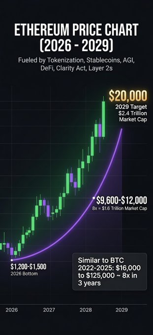 The image displays an Ethereum Price Chart for 2026-2029, showing a candlestick projection with key targets: $1,200-$1,500 bottom, $9,600-$12,000 mid-range (8x, $1.6T market cap), and a $20,000 bull case target ($2.4T market cap), fueled by tokenization, stablecoins, AGI, DeFi, and the Clarity Act—mirroring BTC's 8x run from 2022-2025.