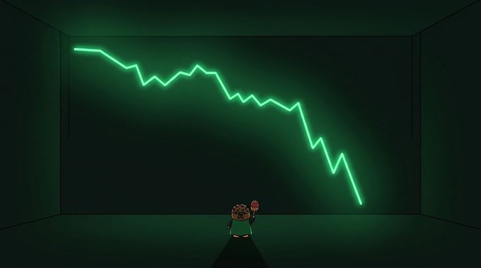 A cartoon character with a cookie for a head holding a stop sign, standing before a large green downward-trending line chart that illustrates a market crash.