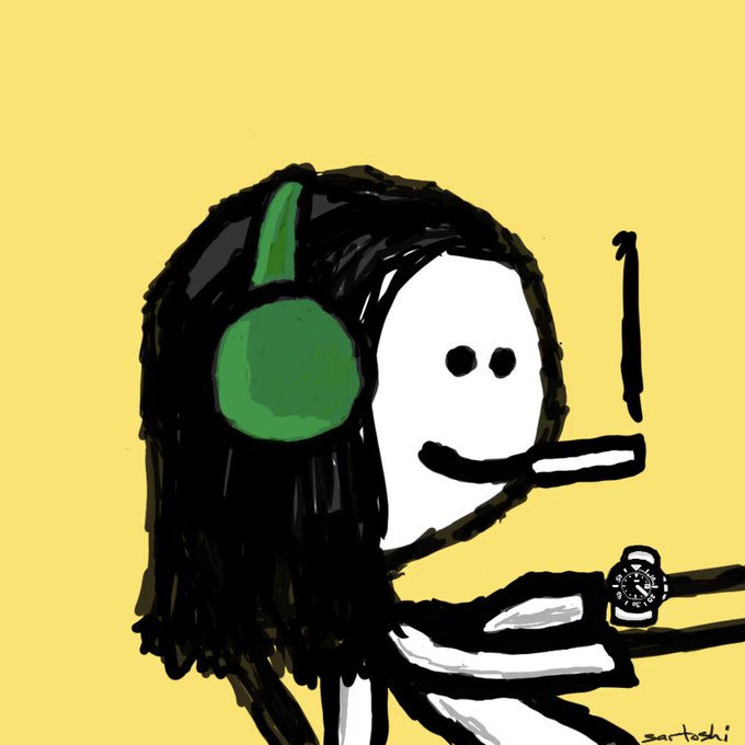 A crudely drawn cartoon figure with long black hair, a green headset, and a cigarette in its mouth is shown against a yellow background, with a small item resembling a watch or mfer NFT being presented in its hand. The signature "sartoshi" appears in the bottom right, tying the artwork to the mfers NFT collection, while the accompanying text celebrates a giveaway winner for mfers #5069.