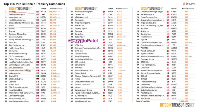 A chart titled 'Top 100 Public Bitcoin Treasury Companies' listing companies like Twenty One Capital and Metaplanet with their Bitcoin holdings, watermarked '@CryptoPatel'.