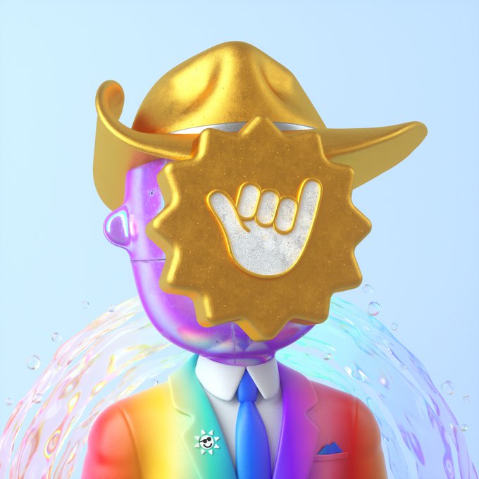 A 3D character wearing a gold cowboy hat, a rainbow gradient suit, and a gold sun-shaped mask with a thumbs-up cutout.