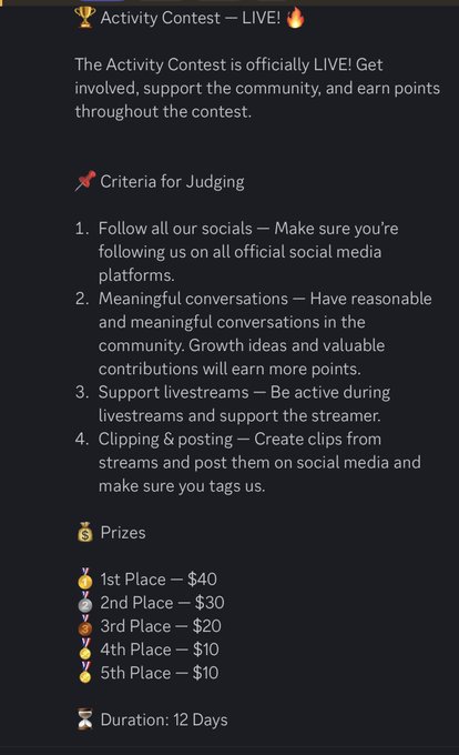 A text announcement for a "Activity Contest" detailing judging criteria, prizes ($40 for 1st, $30 for 2nd, $20 for 3rd, $10 for 4th and 5th), and a 12-day duration.