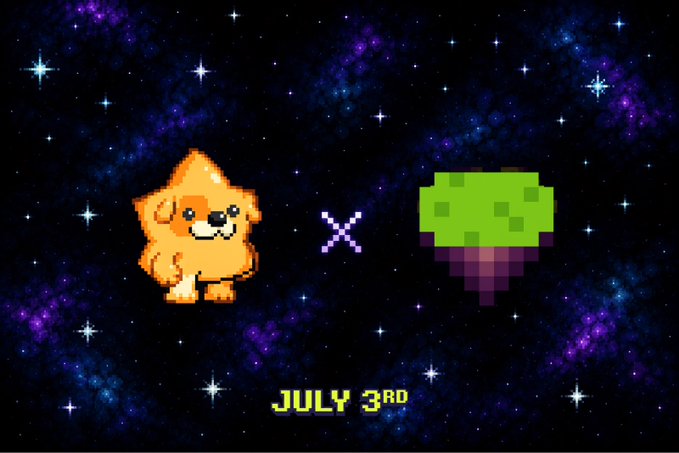 Pixel art of a smiling golden dog and a green-purple pixelated fruit separated by a white "x" against a starry galaxy background, with "JULY 3RD" displayed at the bottom, announcing the KANSTAR × Pixels integration date.
