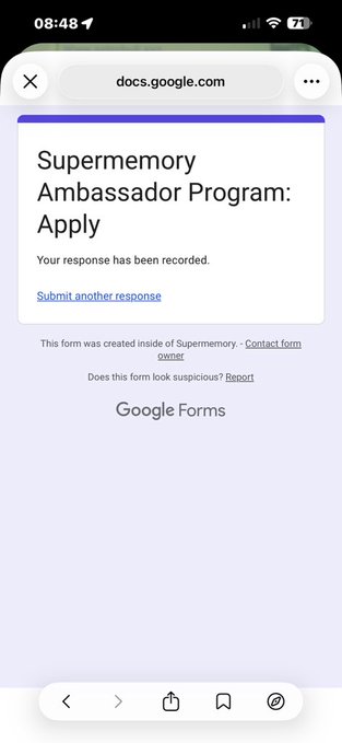 A mobile screenshot of a Google Form titled 'Supermemory Ambassador Program: Apply' showing the message 'Your response has been recorded.' with an option to submit another response.