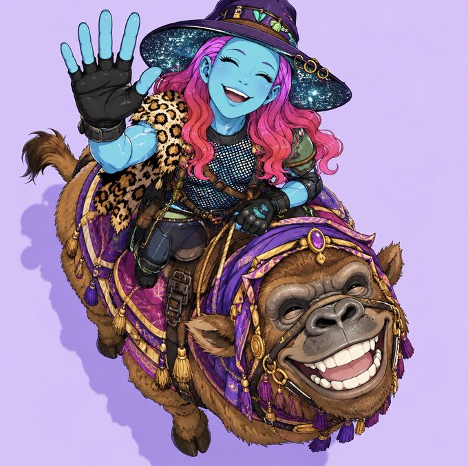 A colorful anime/illustration of a blue-skinned witch with long pink hair, wearing a starry witch's hat and leopard-print scarf, riding a smiling, ornately decorated brown ape-like creature against a lavender background.