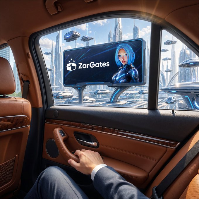 A first-person view from inside a luxury car shows a hand resting on the door panel, with a futuristic cityscape of flying vehicles visible through the window, alongside a floating screen displaying the "ZarGates" logo and a blue-haired digital character. The image visually echoes the post's vision of a forward-thinking, immersive game world where heroes, NFTs, and battles converge to build a new ecosystem.