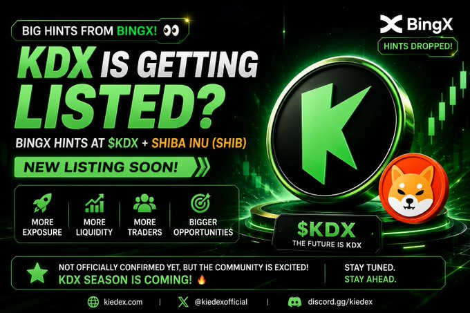A BingX promotional graphic announcing hints about a new KDX listing, featuring Shiba Inu and KDX tokens with text 'KDX IS GETTING LISTED?' and 'NEW LISTING SOON!' promoting kiedex.com.