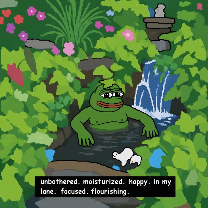 A pixel-art meme of the happy Pepe the Frog relaxing in a tropical jungle hot spring, with the caption 'unbothered. moisturized. happy. in my lane. focused. flourishing.'