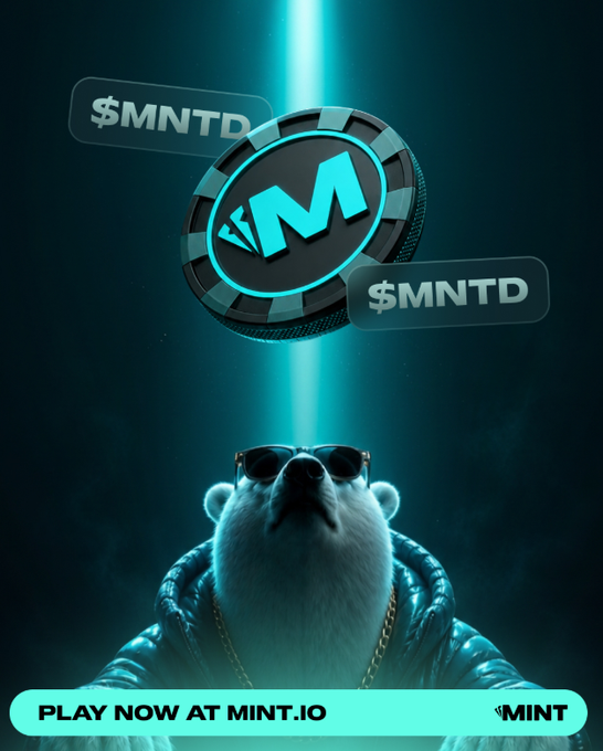 A promotional graphic for $MNTD token featuring a chip/poker-style token with 'M' logo above a polar bear wearing sunglasses and a puffy jacket, with the text 'PLAY NOW AT MINT.IO' and '$MINT' at the bottom.