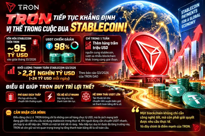 Vietnamese-language promotional graphic for Tron (TRX) highlighting its stablecoin dominance, noting a $95B stablecoin reserve, USDT holding 98% market share, and over $2.21 trillion in stablecoin payment volume for Q3/2025.