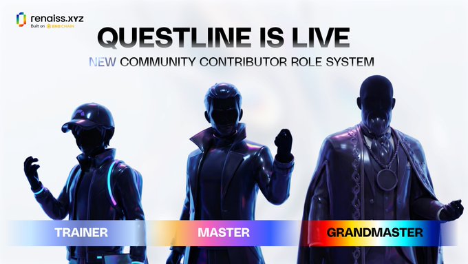The image is a promotional banner from Renaiss.xyz announcing their new "QUESTLINE IS LIVE" Community Contributor Role System, featuring three metallic-glossed character figures labeled beneath them as Trainer, Master, and Grandmaster—representing the tiered ranking path. The visual directly supports the post by showcasing the three progression tiers (Trainer → Master → Grandmaster) that community members can advance through in the Contributor program.