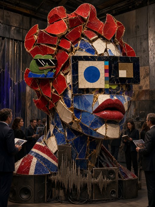 A large mosaic sculpture of a woman's head features colorful broken tiles in red, white, and blue, with stylized lips and a frog wearing sunglasses, surrounded by onlookers in a gallery space.