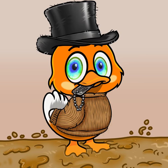 A cartoon illustration of an orange chick wearing a black top hat and holding a burlap sack while standing in brown mud.
