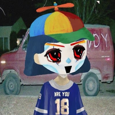 The image shows an animated character with dark hair and a colorful propeller beanie hat, wearing a blue jersey with the text "ARE YOU" and the number "18," standing in front of a red van. The whimsical, cheerful illustration complements the post's welcoming tone, wishing the "GM Legend" and followers a successful month ahead with plenty of "Pay" (likely a token or reward).