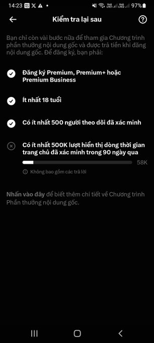 A screenshot of a Vietnamese-language Twitter blue check eligibility checker shows four requirements: a Premium/Premium+/Premium Business subscription, being at least 18 years old, having at least 500 followers, and needing 500K verified views on tweets in the last 90 days—currently at 58K. This relates to the post about the slow progress toward reaching 500K verified views, as the user laments being far from the goal after gaining only 14K in two days.