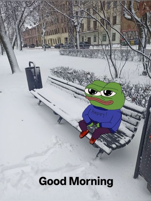 A Sad Pepe frog meme character wearing a blue 'happy' hoodie, sitting on a snow-covered bench in a winter park scene with the text 'Good Morning'.
