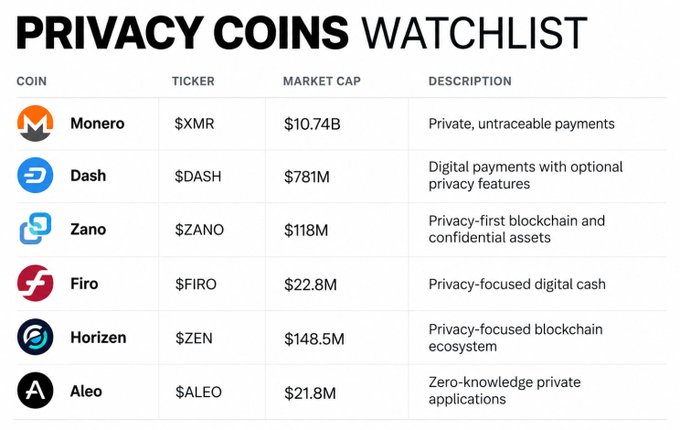 A "Privacy Coins Watchlist" table listing six cryptocurrencies—Monero ($XMR, $10.74B), Dash ($DASH, $781M), Zano ($ZANO, $118M), Horizen ($ZEN, $148.5M), Firo ($FIRO, $22.8M), and Aleo ($ALEO, $21.8M)—along with brief descriptions of each coin's privacy features. The image visually supports the post's point about expanding attention beyond Zcash to smaller-cap privacy-focused projects as the privacy narrative gains traction.