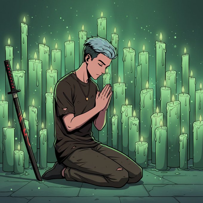 An anime-style illustration of a character with silver hair kneeling in prayer among numerous lit green candles, with a katana beside them.