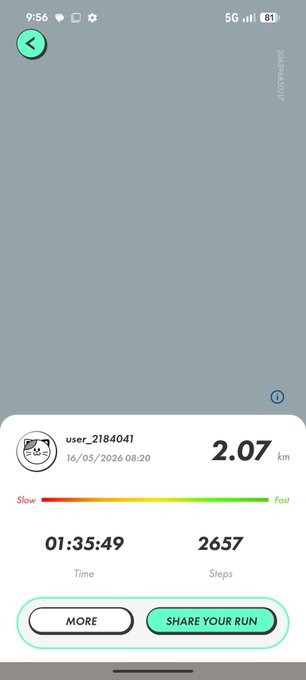 Fitness app summary screen showing a 2.07 km walk recorded by user_2184041 on 16/05/2026, with a time of 01:35:49, 2657 steps, and 'Slow' to 'Fast' pace indicator.