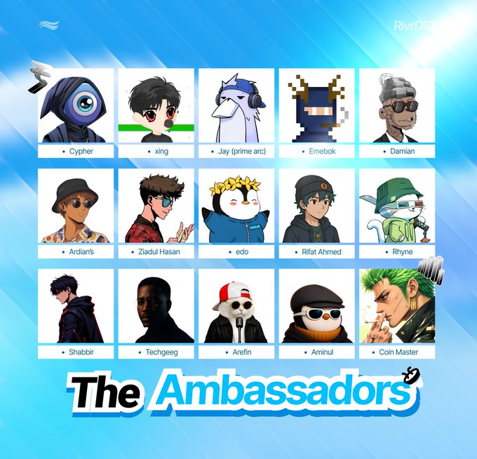 The image showcases "The Ambassadors" cohort for RivrDEX, featuring a grid of 15 profile pictures with names including Cypher, Xing, Jay (prime arc), Emebok, Damian, Ardians, Ziadul Hasan, edo, Rifat Ahmed, Rhyne, Shabbir, Techgeeg, Arefin, Aminul, and Coin Master. The graphic visually celebrates the announcement of the first ambassador cohort, highlighting the diverse lineup selected from 1,400+ applicants.
