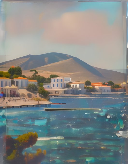 A painted coastal landscape depicting white Mediterranean-style buildings with blue and red roofs along a harbor, set against rolling hills under a pastel sunset sky with pink clouds.