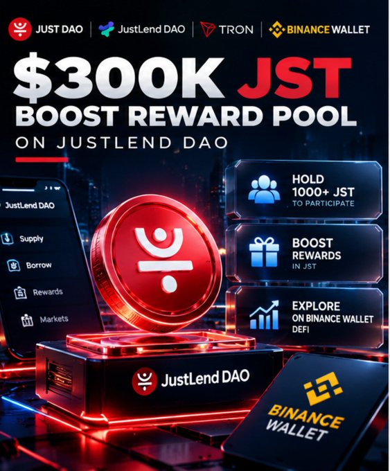 A crypto advertisement for "$300K JST BOOST REWARD POOL ON JUSTLEND DAO" featuring JUST DAO, JustLend DAO, TRON, and Binance Wallet logos, with details to hold 1000+ JST, boost rewards, and explore DeFi.
